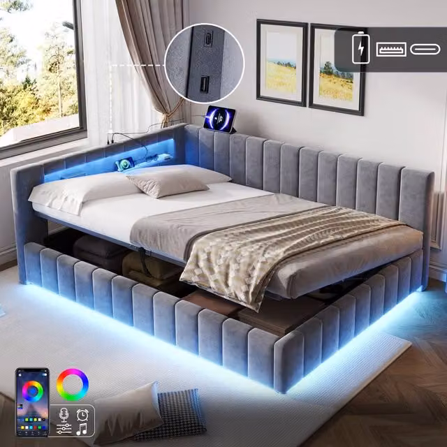 Rolipo Double Velvet Ottoman Bed in Grey with RGB LED Lighting and USB Charging Port, W/D/H: 140 x 200 cm – 1