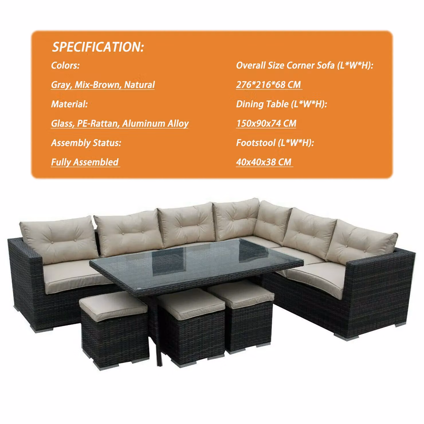 FURNITURE ONE 9 Seater Rattan Garden Corner Sofa Set with Cushions and Coffee Table in Dark Brown – 5