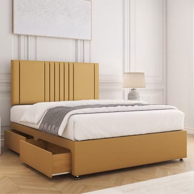 BSSPOKE Monaco Velvet Divan Bed Set with 24 inch Headboard, 2 Drawers, Footend and Mattress in Yellow, Size: Double (W/D/H: 140 x 200 cm)