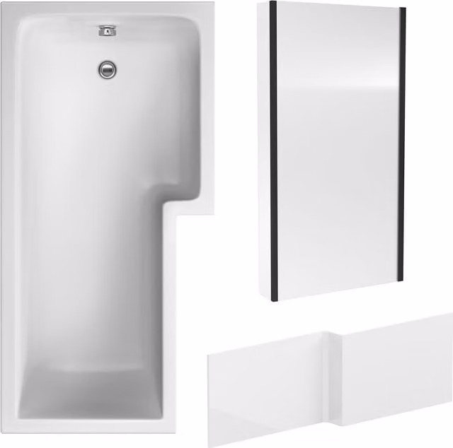 Balterley L Shape Shower Bath Set with White Panel and Black Right Hand Return Screen, W/D/H: 170 x 85 x 85 cm