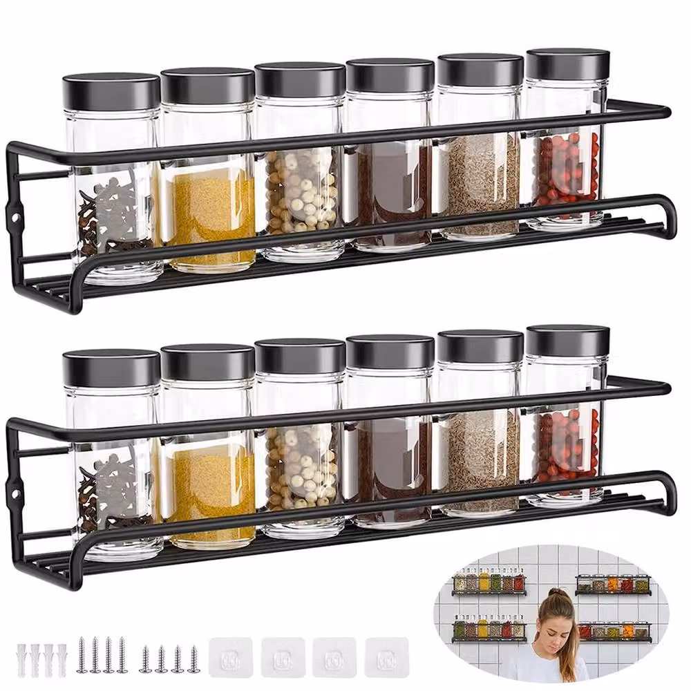 Kelvenix 4-Piece Wall-Mounted Spice Jar Rack in Black Metal – 2