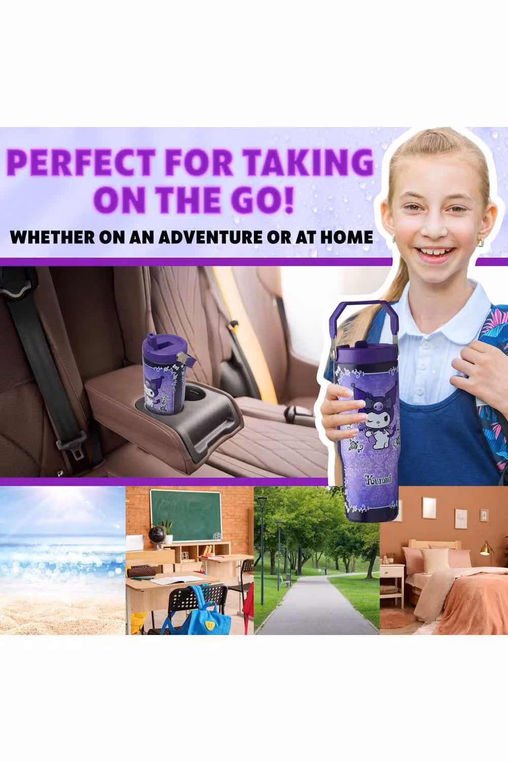Get Trend Sanrio Kuromi Insulated Metal Water Bottle with Flip Up Straw and Handle, 850ml, Purple – 7