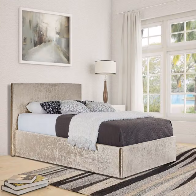 Comfy Living Crush Velvet Ottoman Bed Frame in Beige, W/D/H: 90 x 200 cm