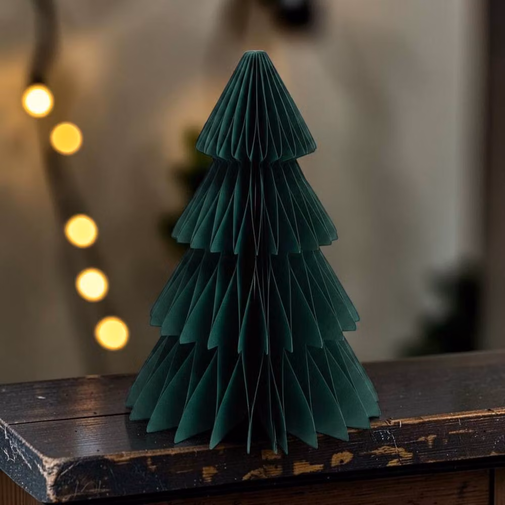 Four Candle Set of 3 Dark Green Paper Christmas Tree Tabletop Decorations, Height: 20 cm – 2