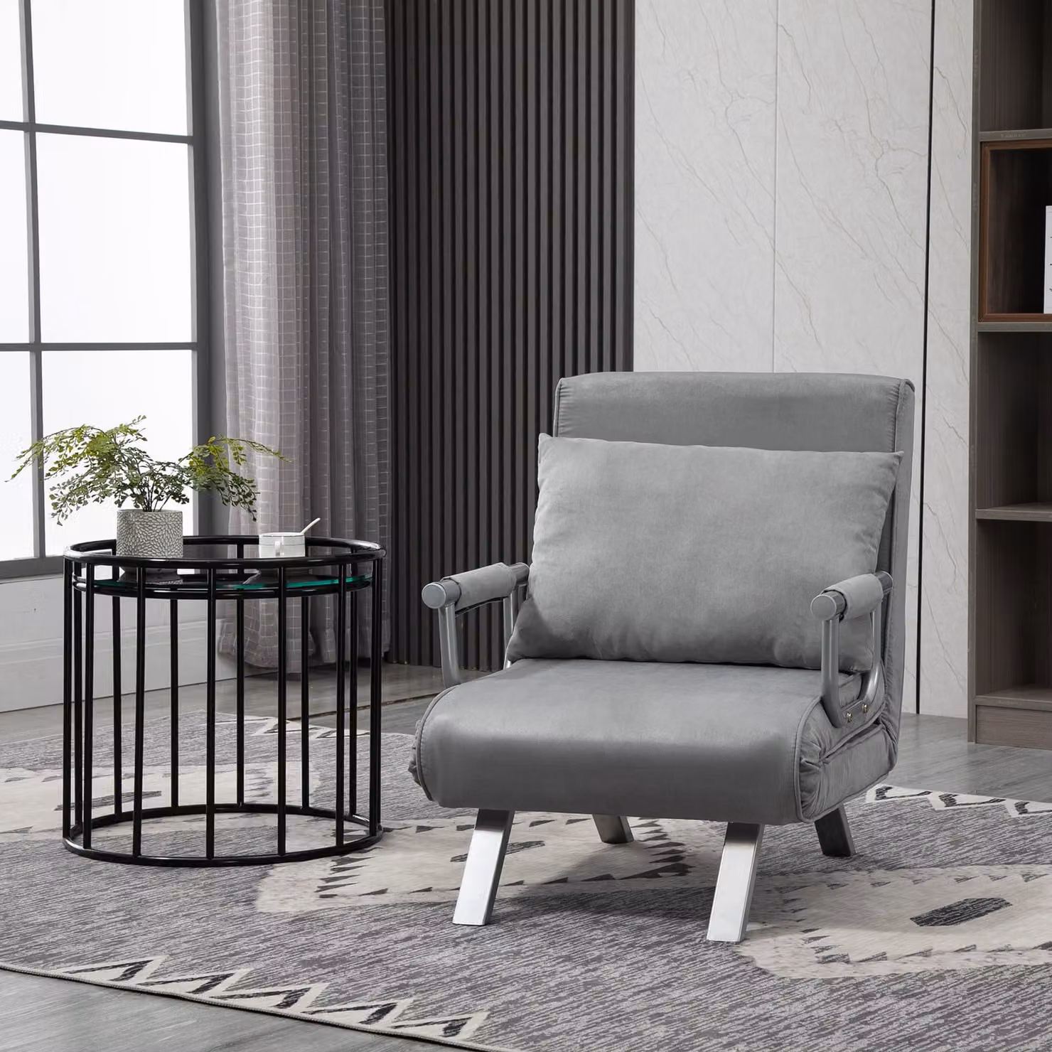 HOMCOM 2-in-1 Single Sofa Bed Sleeper, Foldable Microfibre Armchair Lounge Couch with Pillow in Light Grey – 2