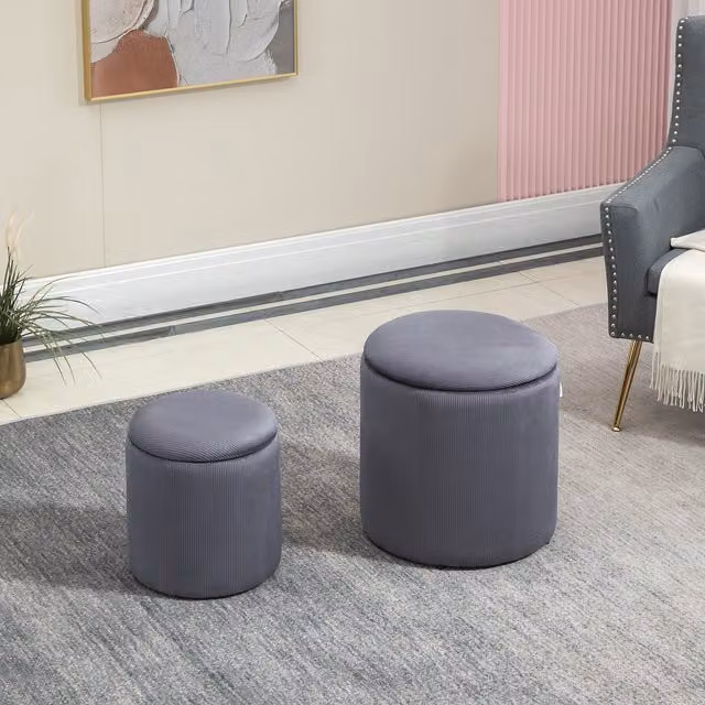 HOMCOM Modern Cylindrical Fabric Storage Ottoman in Grey