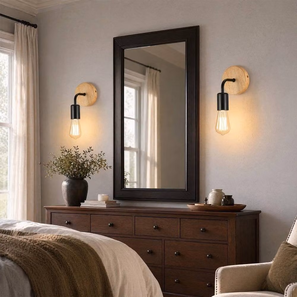 EONLION 2-Pack Vintage Industrial Wood and Metal Wall Sconces in Black with E27 Bulb Holder – 2