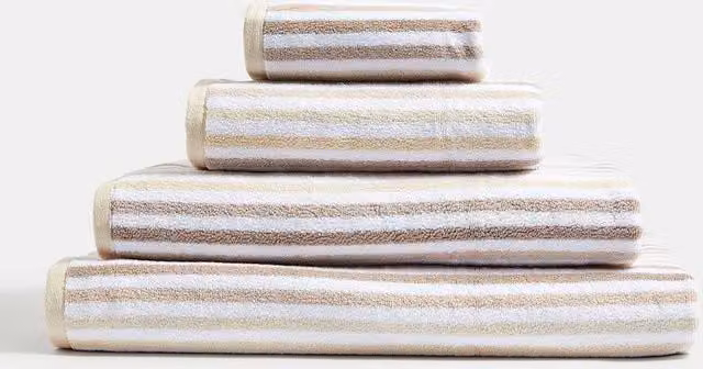 M&S Fluffy Pure Cotton Striped Towel in Beige