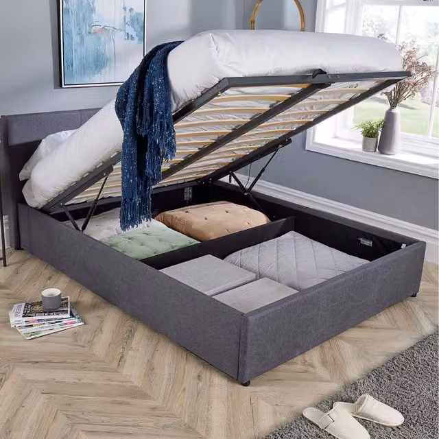 Home Source Endura End Lift Ottoman Bedframe in Grey Fabric, W/D/H: 140 x 200 cm