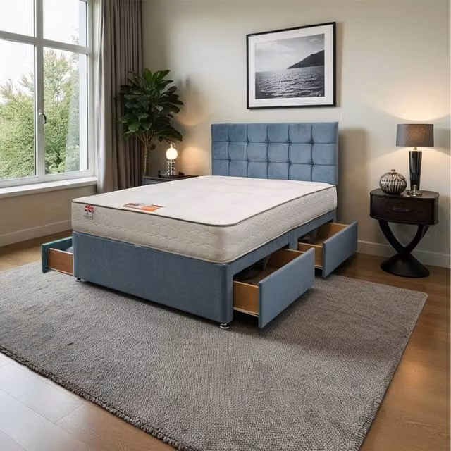 Knight Sleep Cubed Plush Double Bed Set with Mattress and 24 inch Headboard in Blue