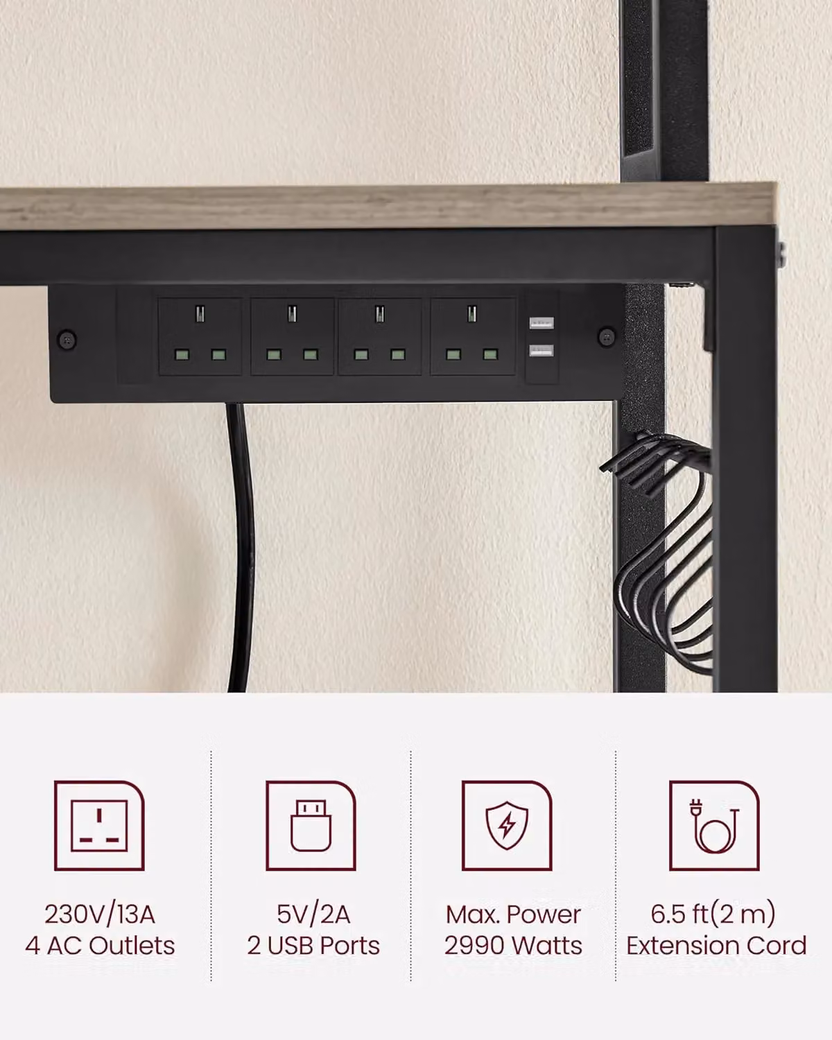VASAGLE Kitchen Rack with Power Outlet, Hooks and Metal Wire Panel in Fawn – 3
