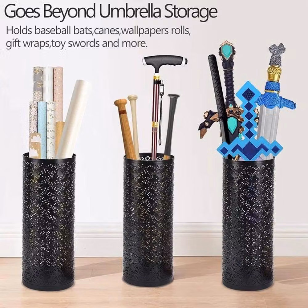 FLAVORA Black Metal Umbrella Stand Rack with Drip Tray – 3