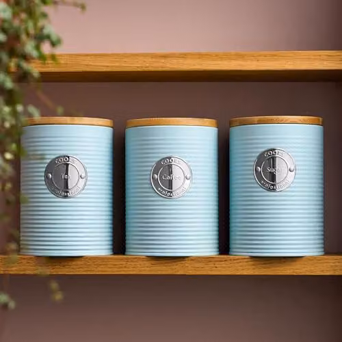 Cooks Professional 3 Piece Ribbed Stainless Steel Tea, Coffee and Sugar Canister Set with Airtight Bamboo Lids in Blue and Silver – 2