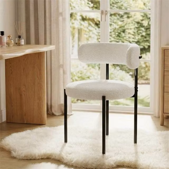 Nordara Set of 2 Mid-Century White Bouclé Upholstered Dining Chairs with Metal Legs