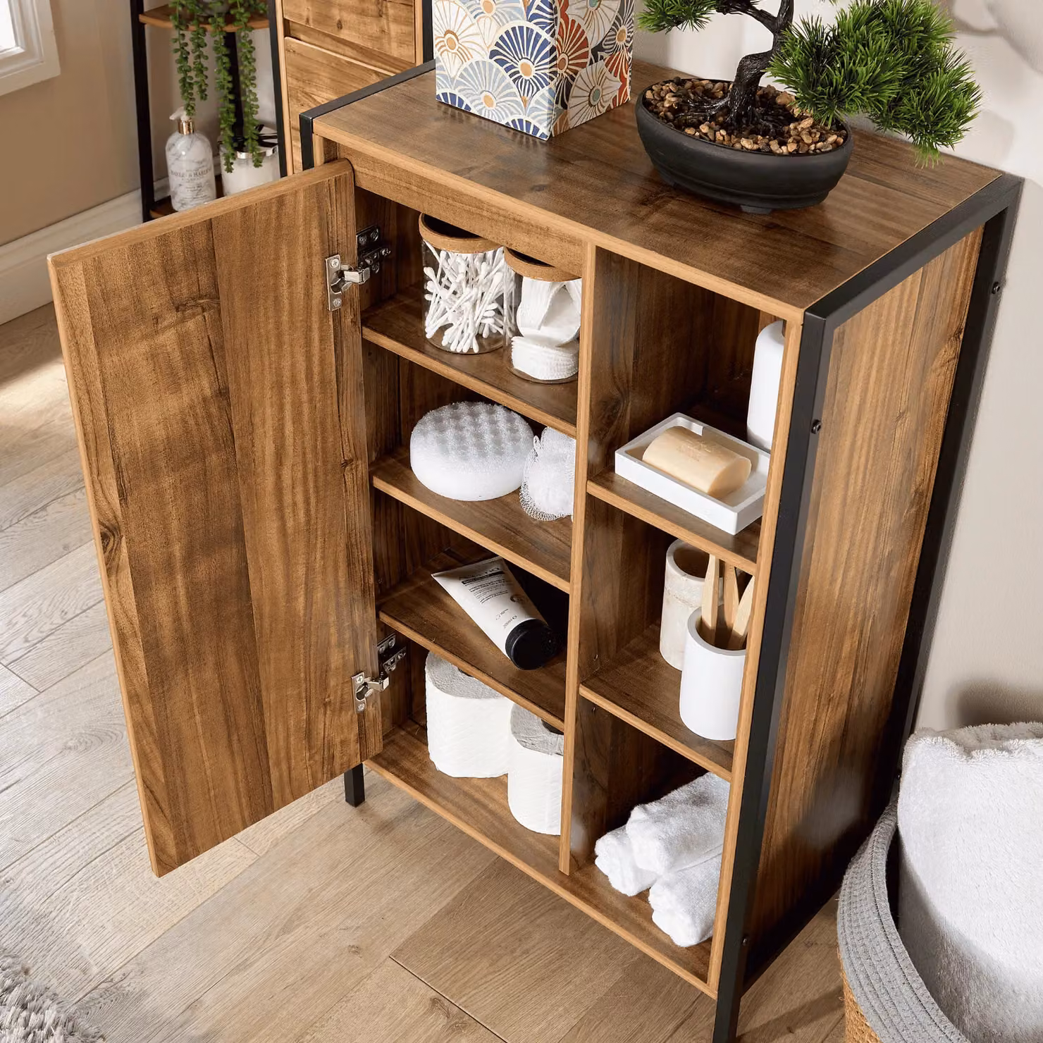 Home Source Locastra Oak Bathroom Cabinet Storage Organiser with Hinged Door and Internal Shelves, W/D/H: 50 x 28 x 80 cm – 2