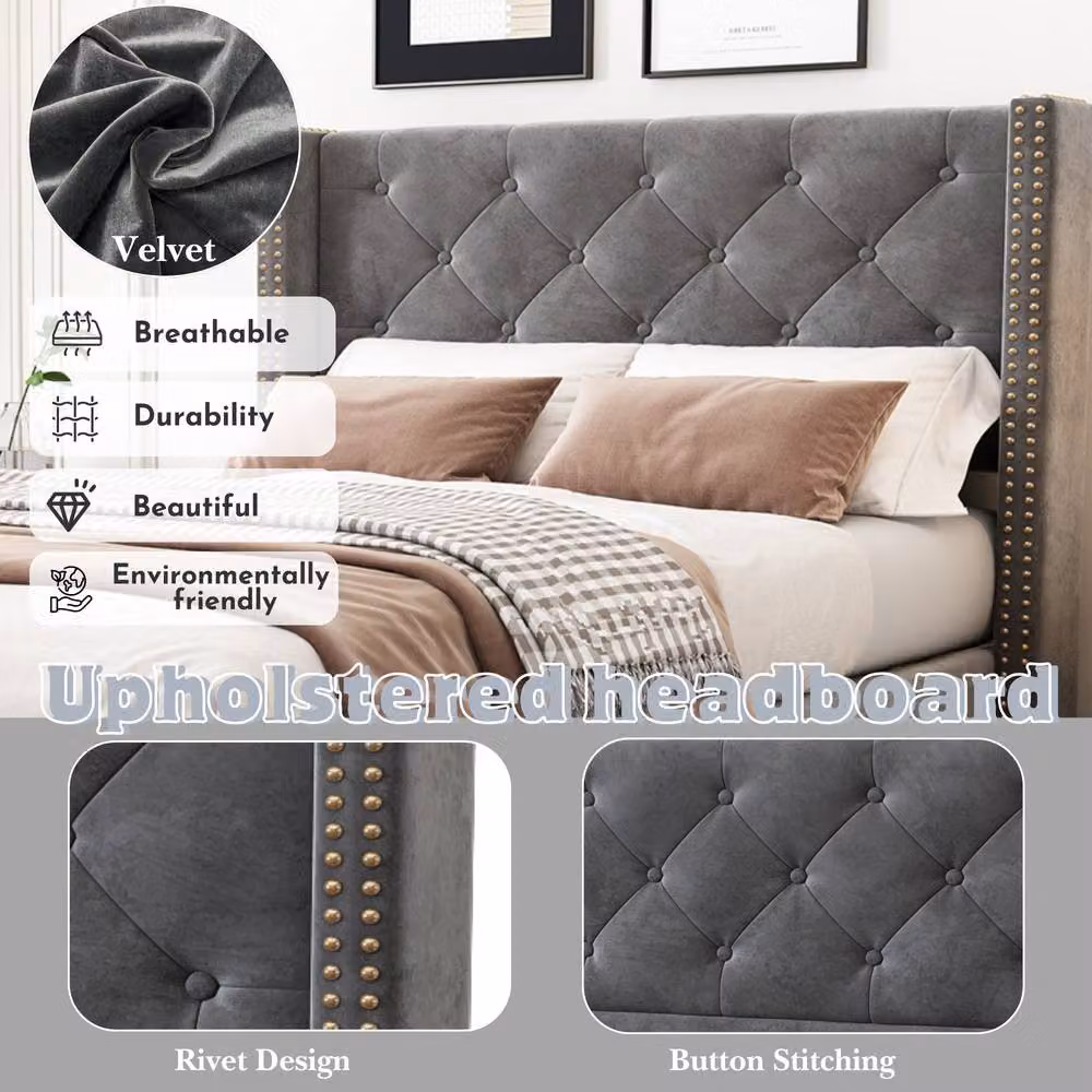 Matteo Grey Velvet Upholstered Single Bed W/D/H: 90 x 190 x 108 cm – 4