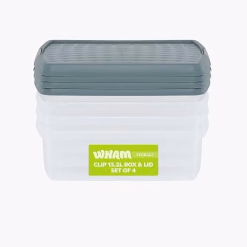 Wham 4 x 13.2L Square Stackable Plastic Storage Boxes with Lids, Transparent and Green – 1