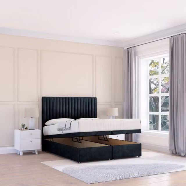Sloomy Manhattan Naples Double Fabric Ottoman Bed in Black with Hybrid Memory Mattress and 26 Inch Strut Headboard, W/D/H: 140 x 200 cm