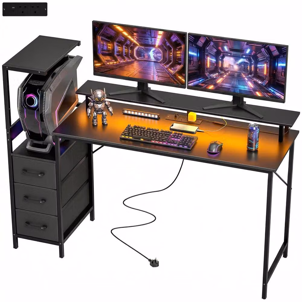 STILVORA Black Gaming Desk with RGB Lights and 3 Drawers – 3