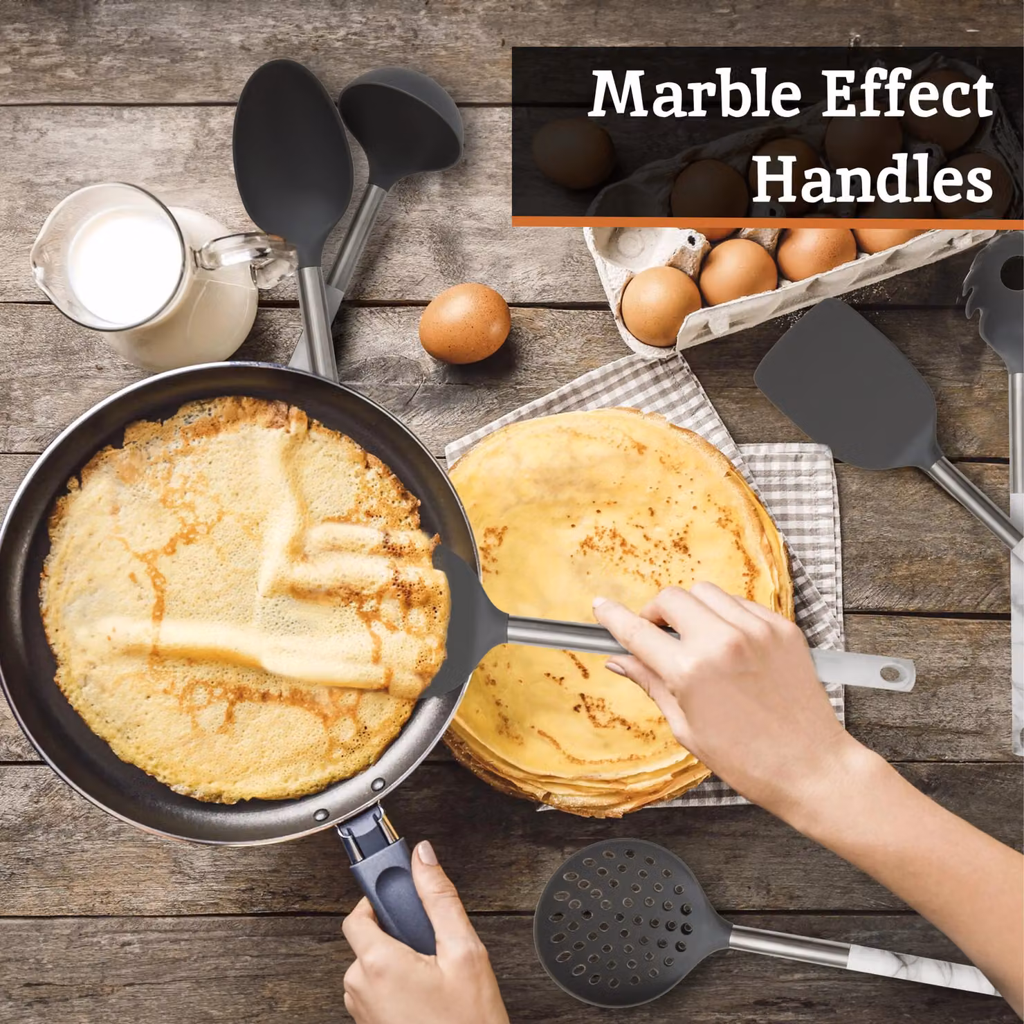 Orsina 6 Piece Silicone Kitchen Utensil Set with Marble Effect Handles in Black and Grey – 2