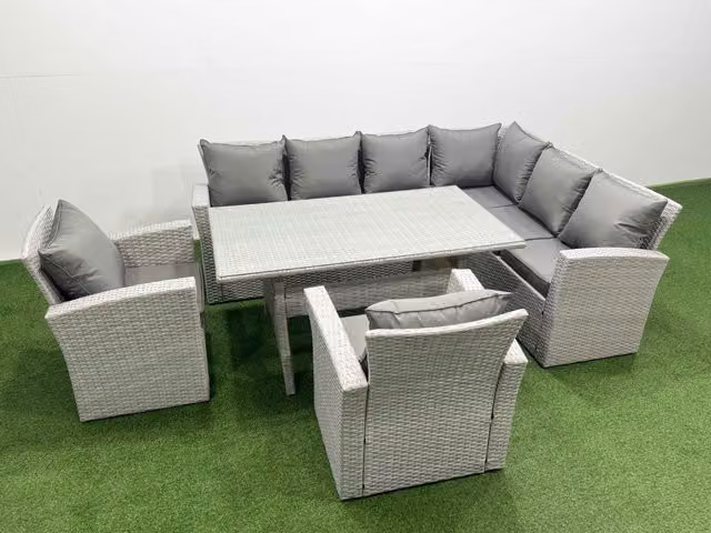 Fimous 8 Seater Rattan Garden Furniture Set with Corner Sofa and Dining Table in Light Grey