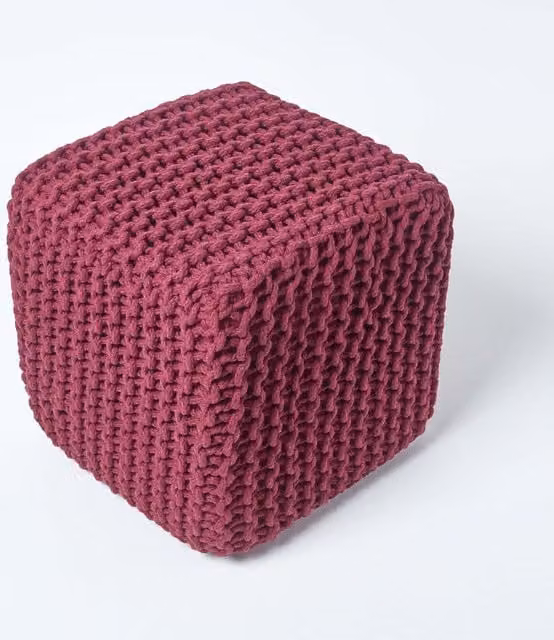 Homescapes Cotton Knitted Pouffe Cube in Purple