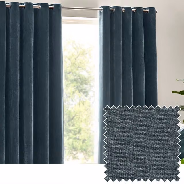 Make It A Home Heavy Chenille Velvet Room Darkening Eyelet Curtains, Blue, W: 137 cm, H: 168 cm