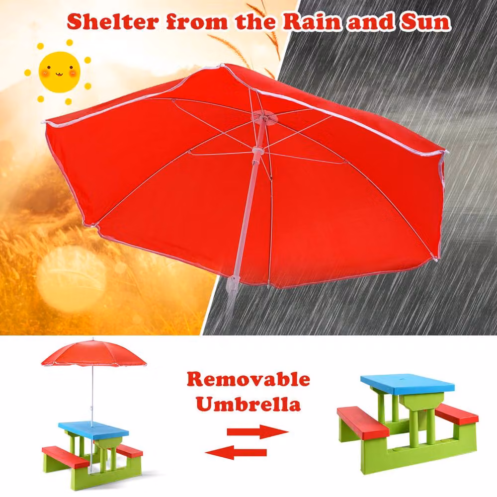 Costway Kids Picnic Table and Bench Set with Removable Umbrella in Multicolour – 5