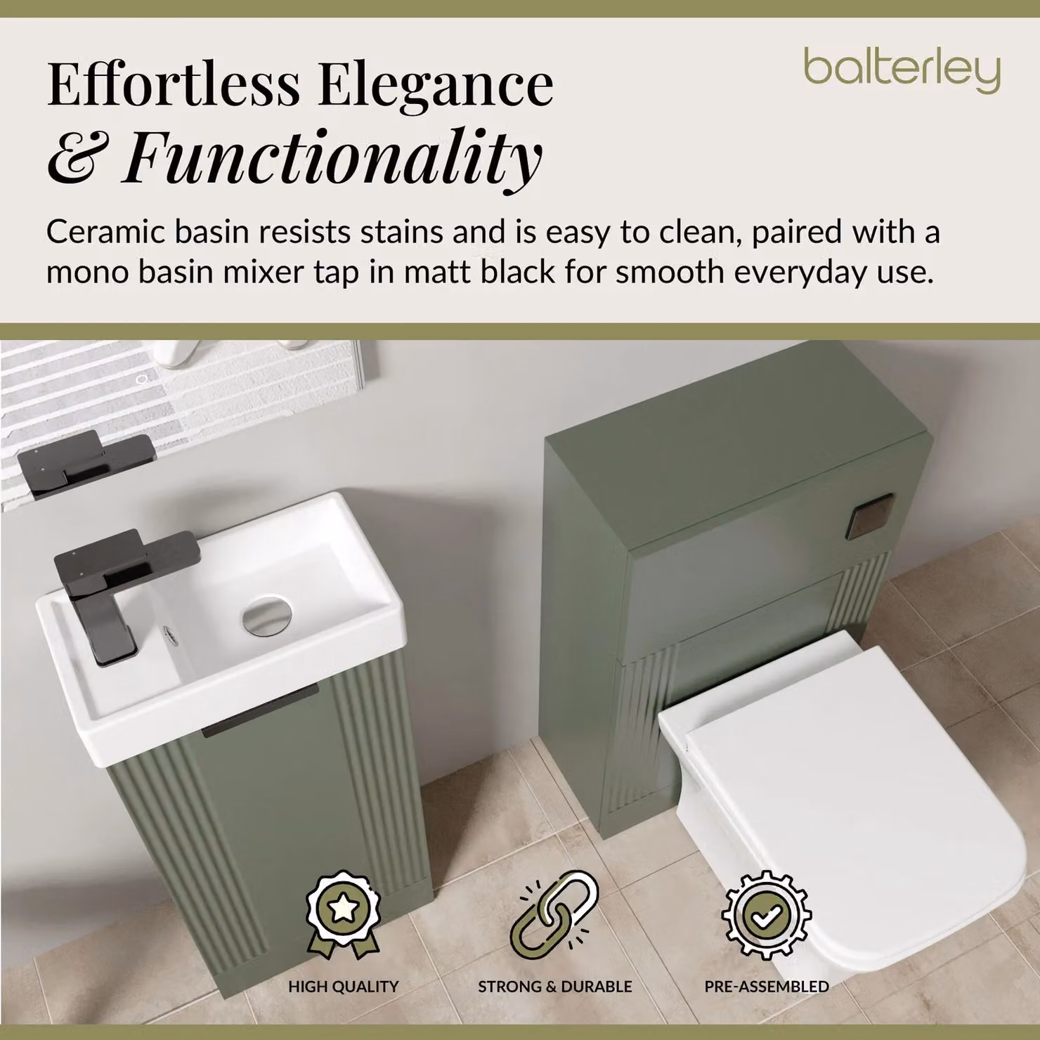 Balterley Fluted Cloakroom Suite with Wall Mounted Vanity, WC, and Tap Set in Matt Green and Black – 3