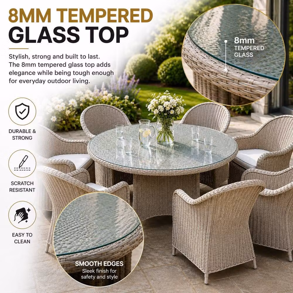 Shatchi Sorrento 6-Seater Rattan Dining Set, Round Polyrattan Garden Table and Chairs in Grey, W/D/H: 140 x 140 x 73 cm – 5