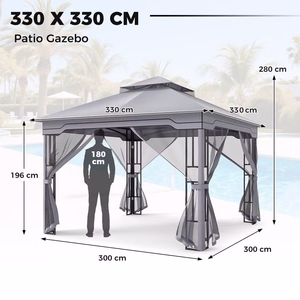 Costway Double Roof Soft Top Patio Gazebo with Zippered Mesh Netting, Grey, W: 330 cm, D: 330 cm, H: 280 cm – 2