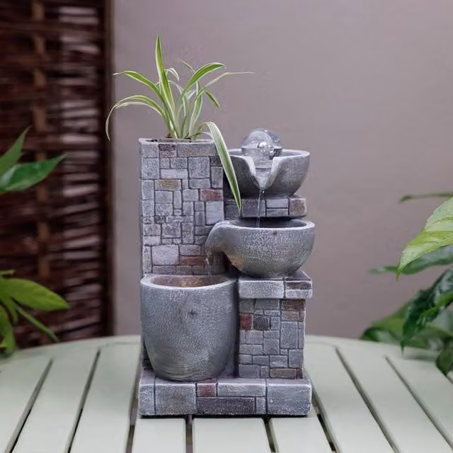 Primrose Rustic Cascading Bowls Tabletop Water Feature with Sphere and LED Lights in Grey
