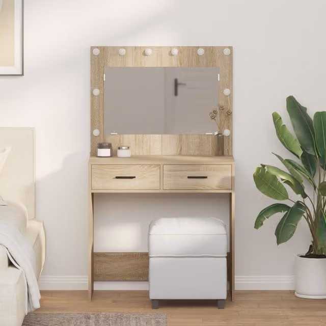 Berkfield Home Sonoma Oak Dressing Table with Hollywood LED Lights in Beige, W/D/H: 78.5 x 41 x 135 cm