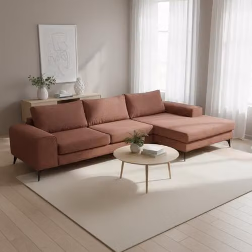 Abakus Direct Venice Modern L-Shaped Corner Sofa in Burgundy Fabric with Scatter Back Cushions, Right Hand Facing – 1
