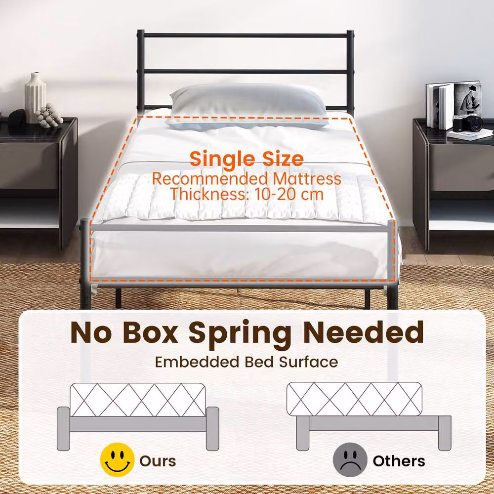 Gymax Single Size Metal Platform Bed Frame with Headboard and Slat Support, Black, 90 x 200 cm – 8
