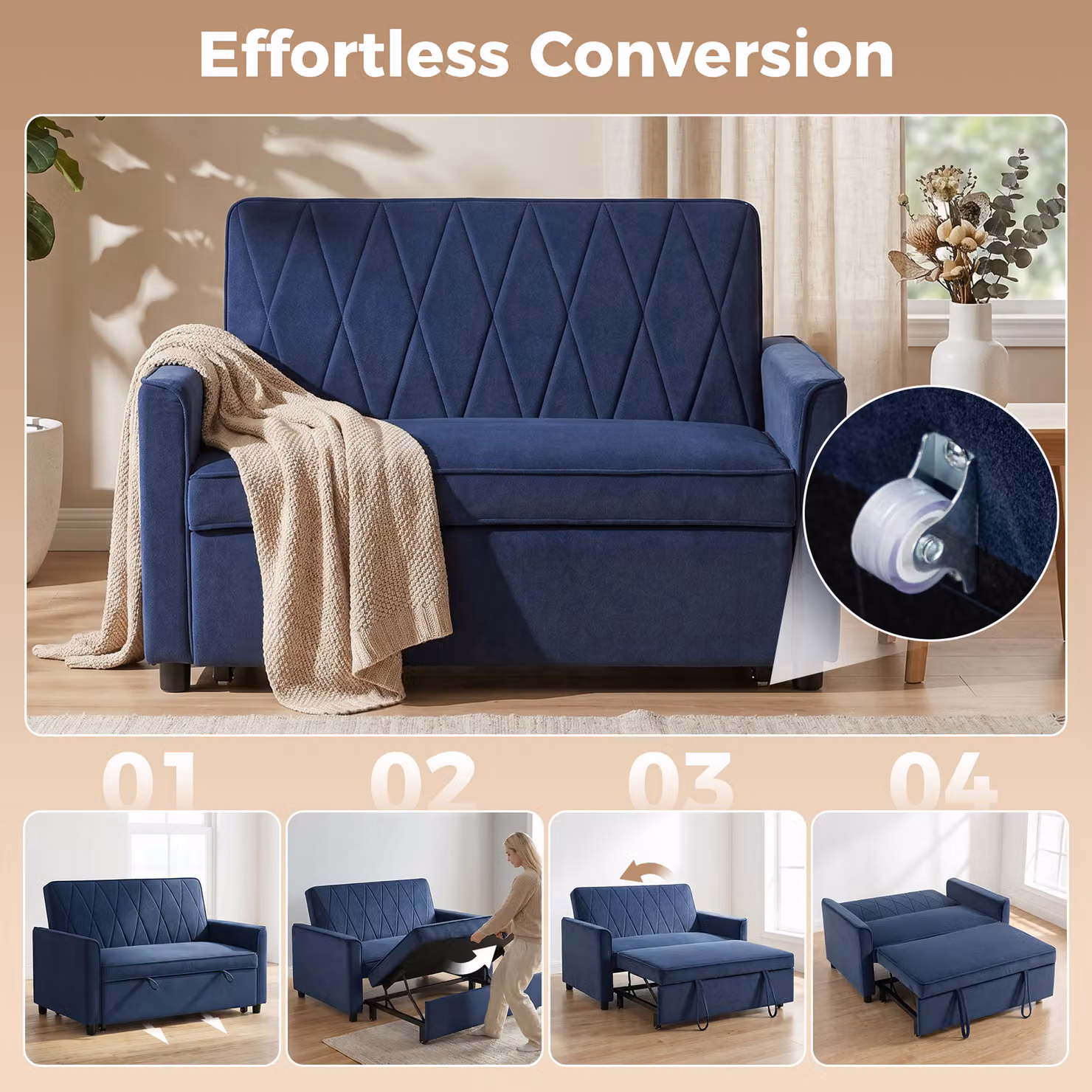 HOMCOM 2 Seater Convertible Sofa Bed with Click-Clack Adjustable Backrest, Blue Velvet Upholstery – 4