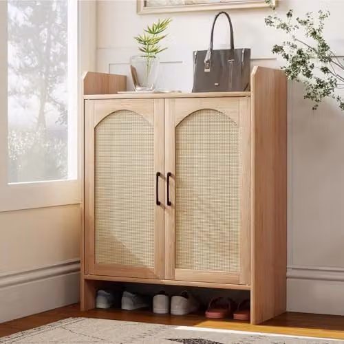 Levede 5-Layer Rattan and Wood Shoe Cabinet in White and Light Brown, W/D/H: 88 x 38 x 68 cm – 3