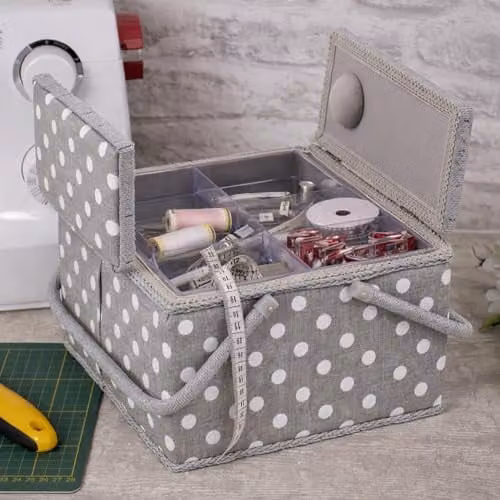Hobby Gift Large Sewing Box Organiser with Twin Lid and Handle, Grey Polka Dot, W/D/H: 25 x 25 x 17 cm – 2