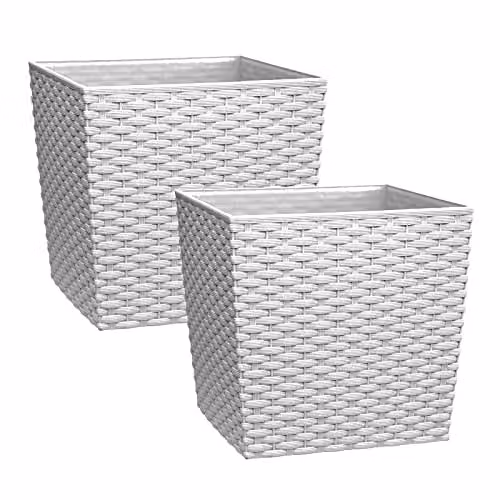 Simpa Cubie Rattan Plastic Planter Pots, White, Set of 2, 19 x 19 x 19 cm
