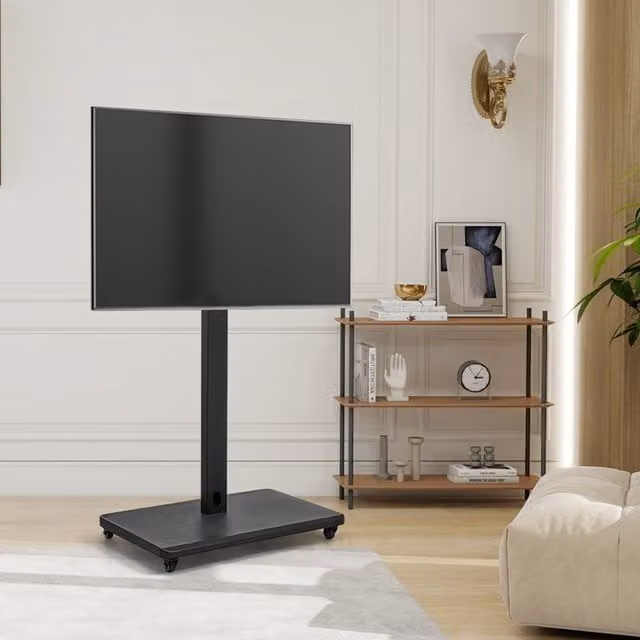 Livingandhome Mobile TV Stand with Lockable Casters in Matt Black Metal