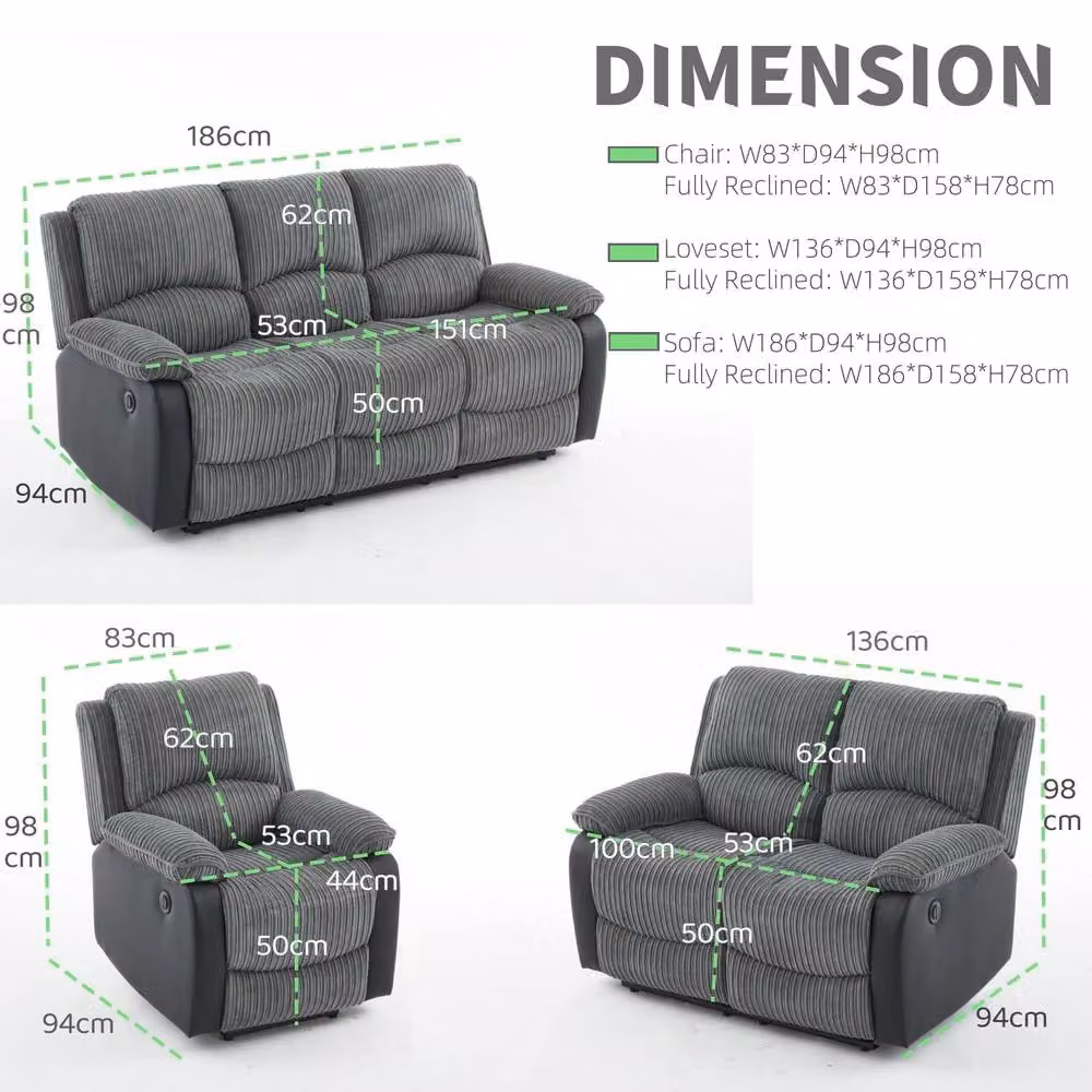FURNITURE ONE Grey Corduroy Fabric Electric Reclining Sofa Set with 3-Seater, 2-Seater and Armchair – 2