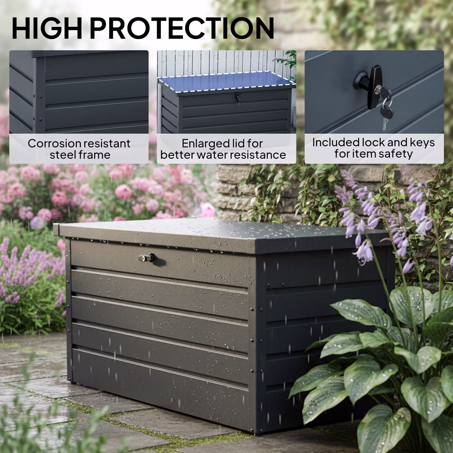 Outsunny 311L Galvanised Steel Garden Storage Box in Dark Grey – 6