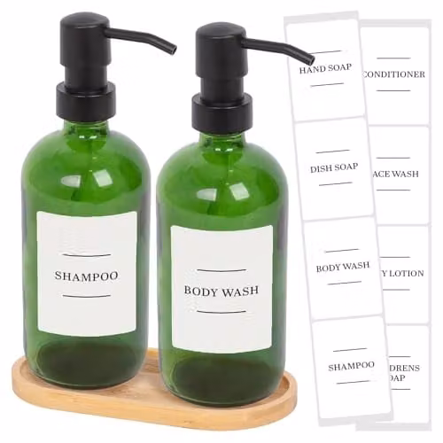 Harbour Housewares 2 Piece Glass Soap Dispenser Set with Bamboo Tray and Labels, 500ml, Green – 1