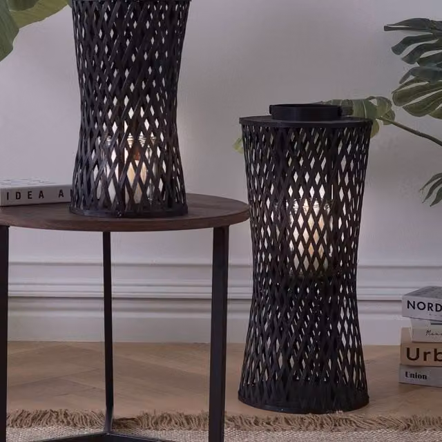Wyld and Coco Boho Black Handwoven Bamboo and Glass Pillar Candle Lantern, Height: 38 cm – 1