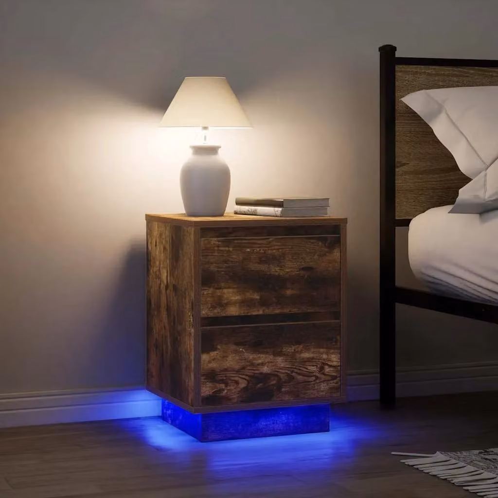 Berkfield Home Bedside Cabinet with Integrated LED Lights in Smoked Oak, W/D/H: 38 x 34 x 50 cm – 4