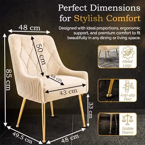 Hygrad Built to Survive Set of 2 Modern Upholstered Velvet Dining Chairs with Gold Metal Legs in Cream – 2