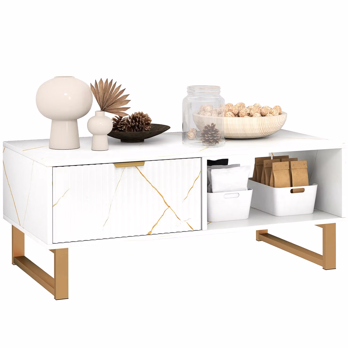 HOMCOM Modern Rectangular Coffee Table with Drawer and Open Shelves in White and Gold – 2