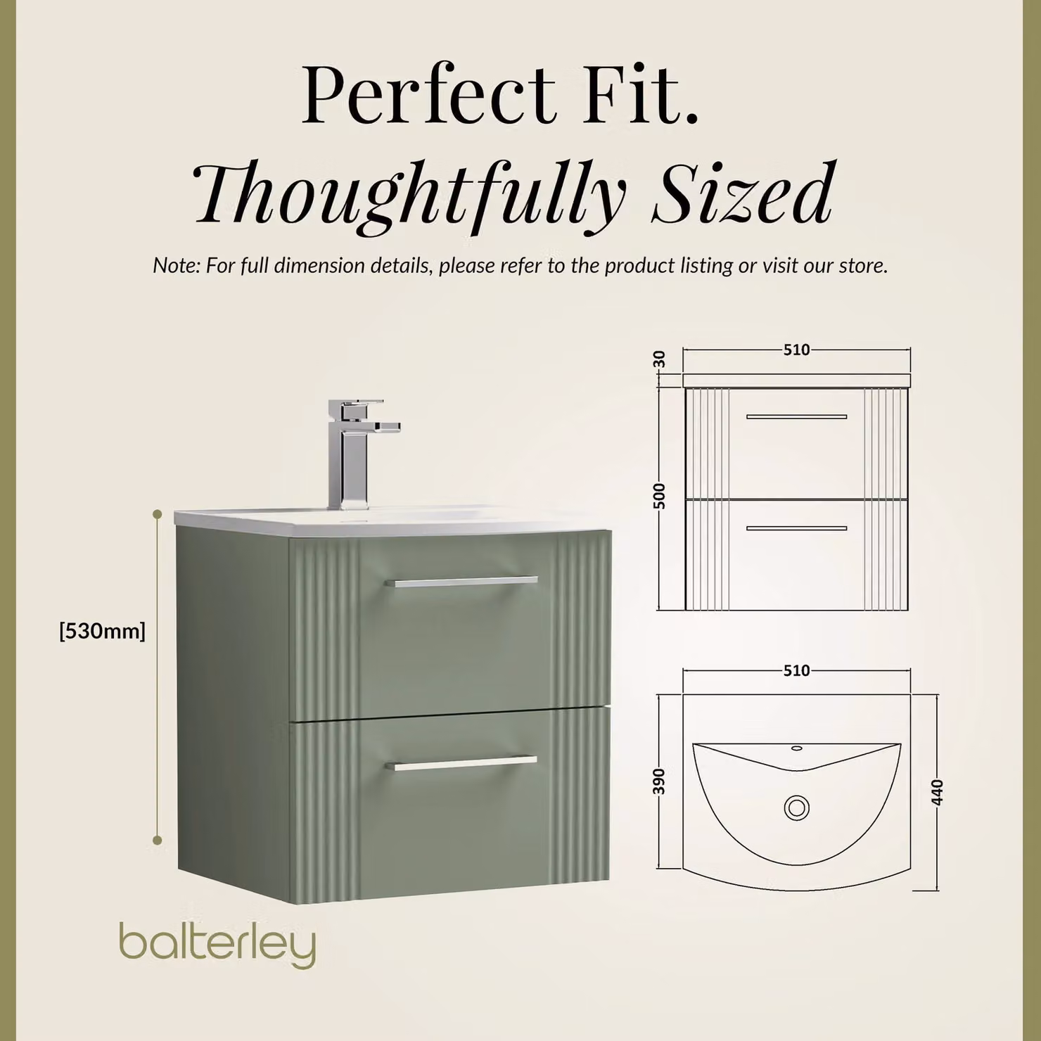 Balterley Wall Hung 2 Drawer Vanity Unit with Curved Vitreous China Basin, Satin Green – 5
