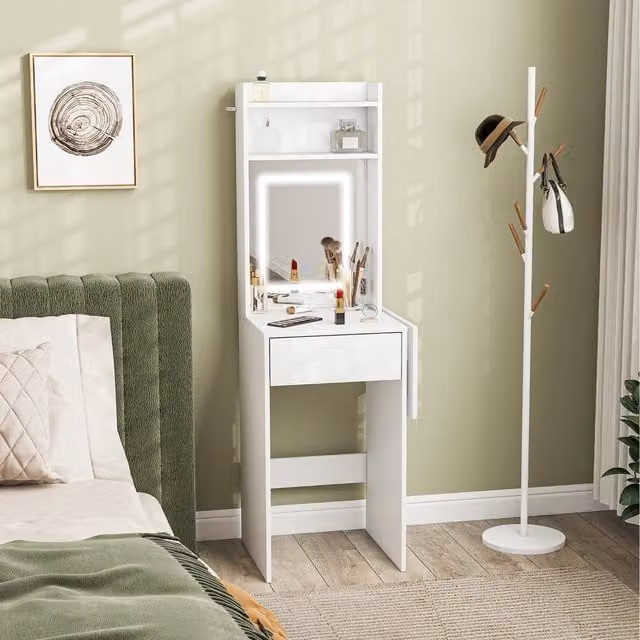 HOMCOM Modern White Dressing Table with Hollywood LED Lighted Mirror, Open Shelves and Drawer