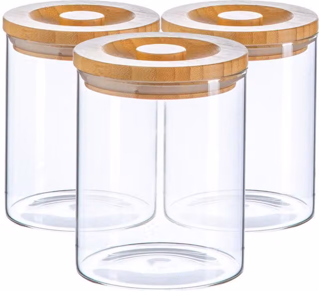 Argon Tableware Airtight Scandi Storage Jar with Wooden Lid, Transparent and White, 0.75 l (Pack of 3)